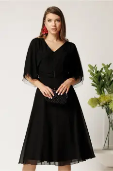 Rochie midi neagra din voal in clos cu strasuri la bust imagine