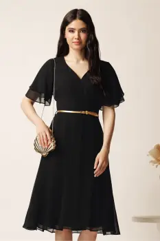 Rochie midi neagra din voal in clos cu volane la maneci si curea in talie imagine