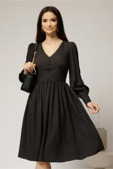 Rochie midi neagra din voal plin cu nasturi pe bust imagine