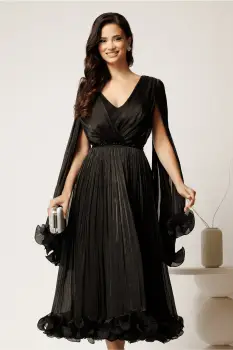 Rochie midi neagra din voal satinat in clos cu maneci ample si curea din strasuri in talie imagine