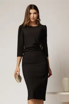 Rochie midi neagra eleganta cu accesoriu pe talie si pliuri imagine
