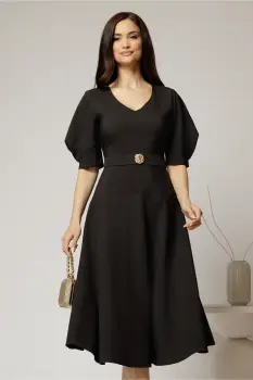 Rochie midi neagra eleganta cu fusta clos, decolteu adanc in V si maneci bufante imagine