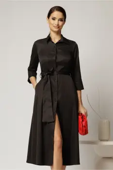 Rochie midi neagra tip camasa din bumbac cu cordon in talie imagine