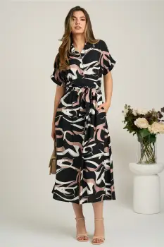 Rochie midi negru cu bej din viscoza in clini cu nasturi si cordon in talie imagine