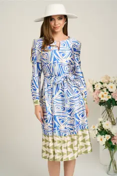 Rochie midi office bej de zi cu imprimeu albastru imagine