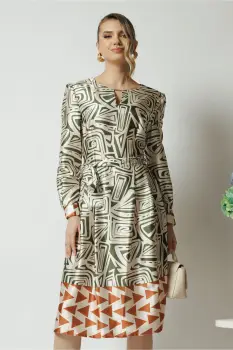 Rochie midi office bej de zi cu imprimeu verde imagine