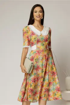 Rochie midi orange din vascoza cu imprimeu floral si guler alb brodat imagine