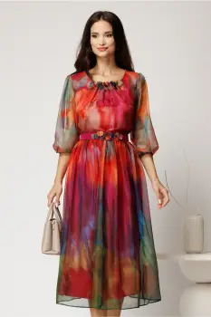 Rochie midi orange din voal cu imprimeuri magenta si cordon cu flori in talie imagine