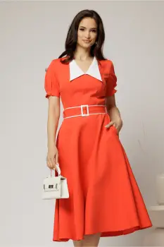 Rochie midi oranj corai cu guler alb in contrast si cordon cu insertii imagine