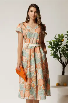 Rochie midi portocalie din bumbac in clos cu imprimeu geometric turcoaz si cordon in talie imagine