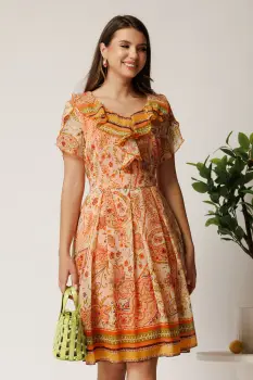 Rochie midi portocalie din voal in clos cu imprimeuri imagine