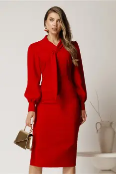 Rochie midi rosie conica din stofa cu guler tip esarfa imagine