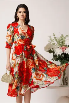 Rochie midi rosie cu trandafiri din voal in clos cu cordon in talie imagine