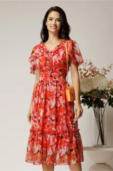 Rochie midi rosie din voal cu imprimeuri roz in clos cu volanase imagine