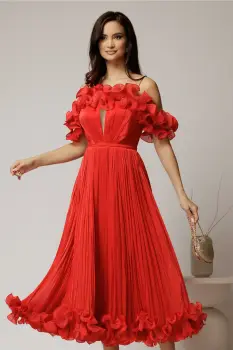 Rochie midi rosie in clos din voal satinat cu volanase la bust si la baza imagine