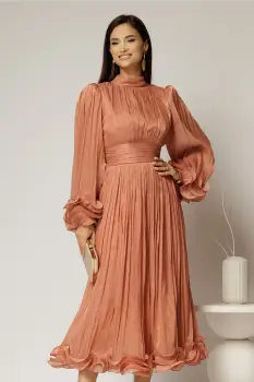 Rochie midi roz coniac de ocazie din voal peliculizat cu maneci ample cu volanase imagine