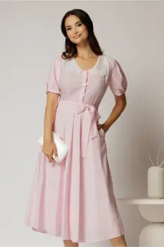 Rochie midi roz cu buline de zi si guler brodat imagine