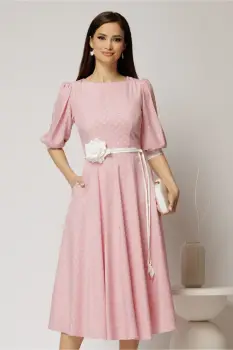 Rochie midi roz cu buline si cordon detasabil in talie imagine