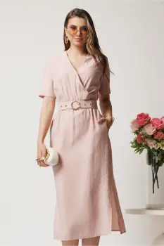 Rochie midi roz cu elastic si curea in talie imagine