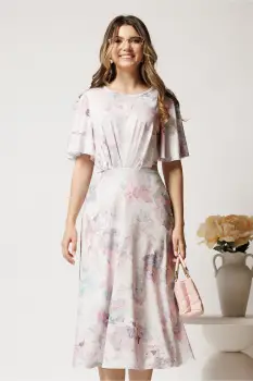 Rochie midi roz cu flori turcoaz din viscoza in clos cu pliuri pe bust imagine