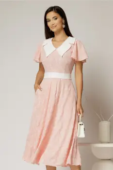 Rochie midi roz cu floricele brodate si guler alb imagine