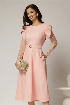 Rochie midi roz cu maneci din dantela si cordon detasabil imagine