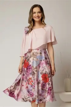 Rochie midi roz de ocazie cu imprimeuri florale pe fusta imagine