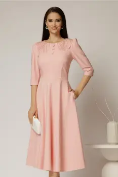 Rochie midi roz de ocazie cu nasturi pe bust si guler cu broderie si margele imagine