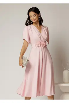 Rochie midi roz de ocazie cu pliuri pe bust si cordon detasabi cu flori imagine