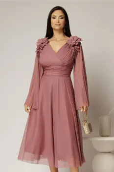Rochie midi roz de ocazie din tull cu aplicatii la umeri si decolteu petrecut imagine
