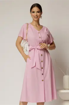 Rochie midi roz de zi din in tip camasa cu manecile scurte imagine