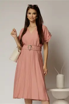Rochie midi roz de zi din rayon cu decolteu V si curea in talie imagine