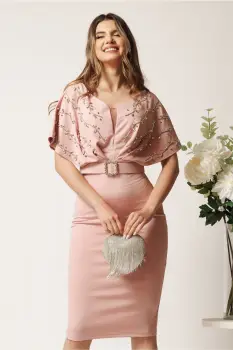 Rochie midi roz din neopren conica cu strasuri pe bust si curea in talie imagine