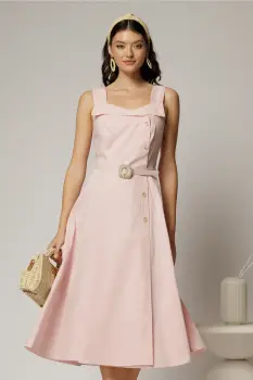 Rochie midi roz din poplin cu nasturi si curea in talie imagine