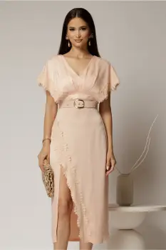 Rochie midi roz din satin cu insertii de dantela imagine