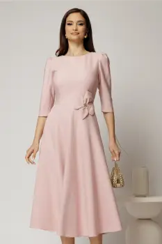 Rochie midi roz din stofa in clos cu floare in talie imagine