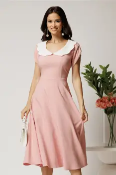 Rochie midi roz din stofa in clos cu guler alb si perle margelute la maneci- LaDonna imagine