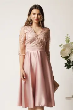 Rochie midi roz din tafta in clos cu dantela la bust - Ella Collection Inna imagine