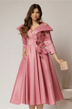 Rochie midi roz din tafta peliculizata cu floare ampla pe talie imagine