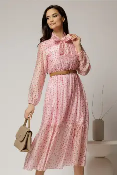 Rochie midi roz din tencel cu buline si funda la decolteu imagine