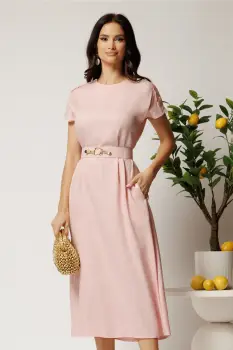 Rochie midi roz din tencel cu croi evazat si curea in talie imagine