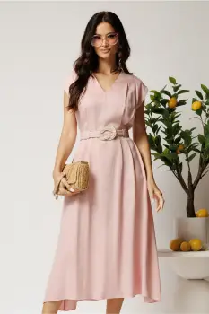 Rochie midi roz din tencel in clos cu cu pliuri si curea in talie imagine