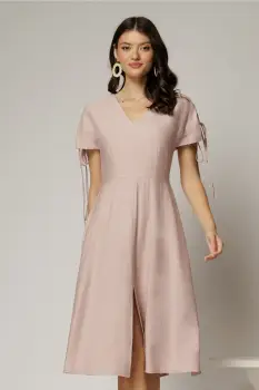 Rochie midi roz din viscoza cu decolteu V si snur la maneci imagine