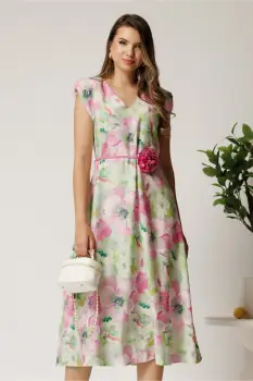 Rochie midi roz din viscoza cu imprimeuri verzi in clos cu floare in talie imagine