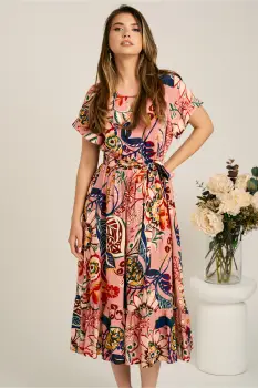 Rochie midi roz din viscoza in clos cu imprimeu colorat si cordon in talie imagine