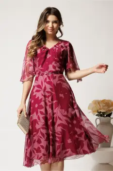 Rochie midi roz din voal cu imprimeu magenta si maneci vaporoase- Viada imagine