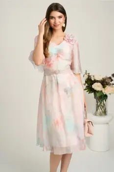 Rochie midi roz din voal cu imprimeuri bleu si floare maxi pe bust- Viada imagine