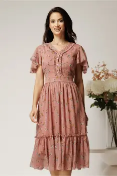 Rochie midi roz din voal cu imprimeuri florale albastre in clos cu volanase imagine