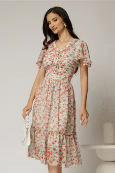 Rochie midi roz din voal cu imprimeuri florale oranj in clos cu volanase imagine