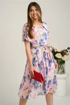 Rochie midi roz din voal cu imprimeuri floreale albastre si cordon in talie imagine